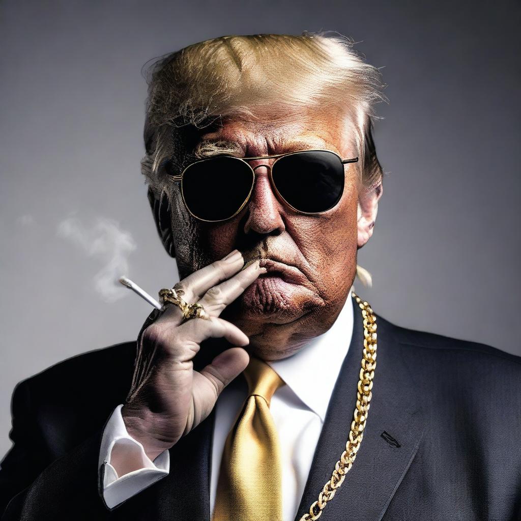 A photorealistic image of Donald Trump smoking a cigarette, adorned with a gold chain and wearing suave sunglasses