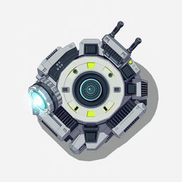 A clean and detailed top-down 2D illustration of a futuristic laser turret harvester, showcasing its intricate design featuring rotating laser cannons, cooling fins, and metallic structures