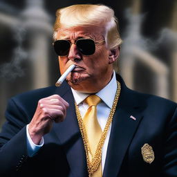 A photorealistic image of Donald Trump smoking a cigarette, adorned with a gold chain and wearing suave sunglasses