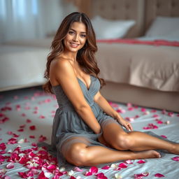 A beautiful woman sitting gracefully on the floor in a serene bedroom setting
