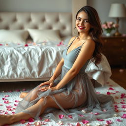 A beautiful woman sitting gracefully on the floor in a serene bedroom setting