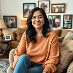A compassionate woman in her mid-30s, embodying warmth and love, seated in a beautifully decorated family living room that features photographs of family gatherings and memories