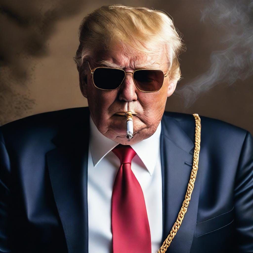 A photorealistic image of Donald Trump smoking a cigarette, adorned with a gold chain and wearing suave sunglasses