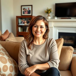 A compassionate woman in her mid-30s, embodying warmth and love, seated in a beautifully decorated family living room that features photographs of family gatherings and memories