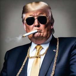 A photorealistic image of Donald Trump smoking a cigarette, adorned with a gold chain and wearing suave sunglasses