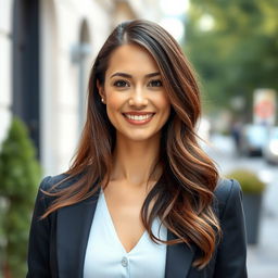 A charming 30-year-old European woman, well-groomed and neatly dressed, exuding confidence and warmth