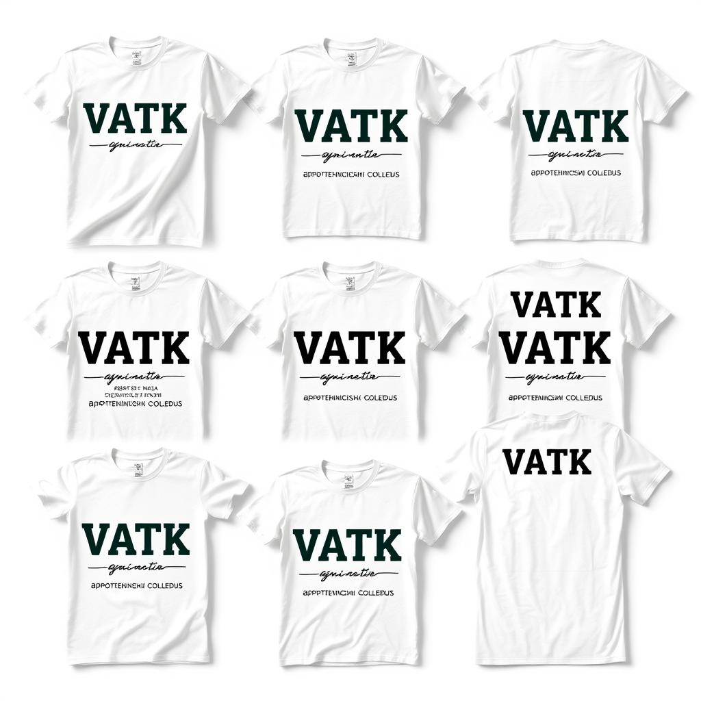 A collection of white T-shirts featuring the text 'VATK' along with 'Высший агротехнический колледж'