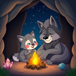 A heartwarming cartoon scene depicting a young cartoon wolf and an old wise wolf spending the night in a cozy cave