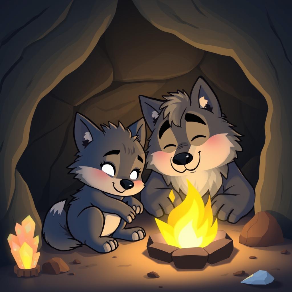 A heartwarming cartoon scene depicting a young cartoon wolf and an old wise wolf spending the night in a cozy cave