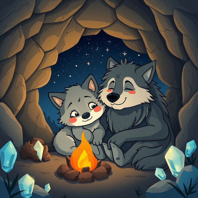 A heartwarming cartoon scene depicting a young cartoon wolf and an old wise wolf spending the night in a cozy cave