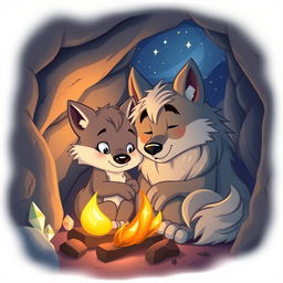 A heartwarming cartoon scene depicting a young cartoon wolf and an old wise wolf spending the night in a cozy cave
