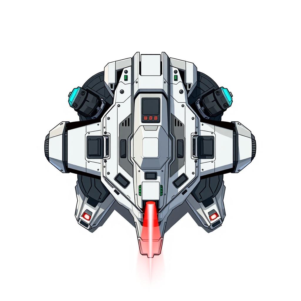 A clean and detailed top-down 2D illustration of a futuristic laser turret, featuring its sleek design with prominent laser barrels, control panels, and an advanced targeting system