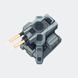A clean and detailed top-down 2D illustration of a futuristic laser turret, featuring its sleek design with prominent laser barrels, control panels, and an advanced targeting system