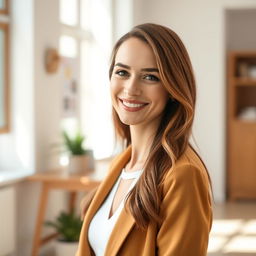 A pretty 30-year-old European woman, neat and well-dressed, standing in a bright, cheerful setting, showcasing her graceful appearance
