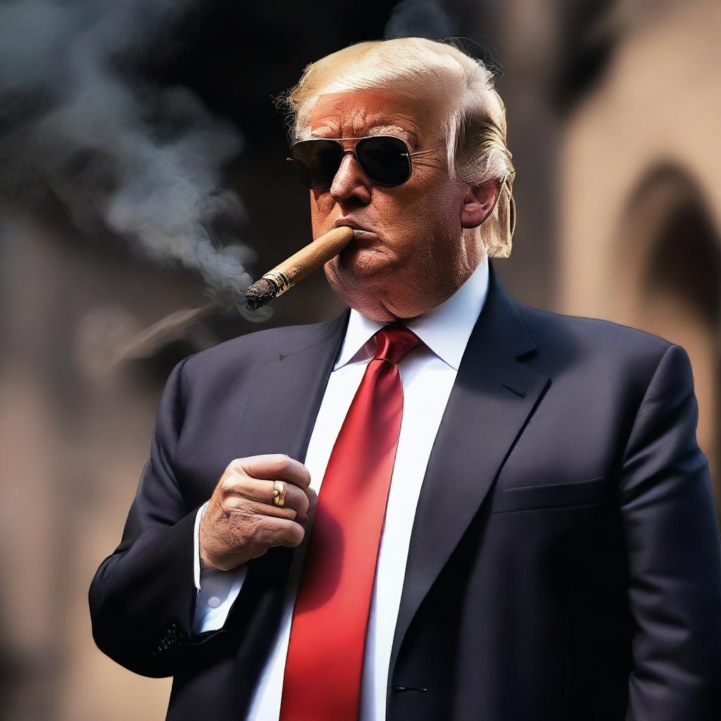 Create a photorealistic and edgy image of Donald Trump smoking a cigar, wearing a gold chain and sunglasses