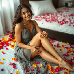 A beautiful woman sitting gracefully on the floor, wearing a gray sleeveless dress that showcases her legs