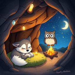 A whimsical cartoon scene featuring a playful wolf and a wise owl spending the night together in a cozy cave