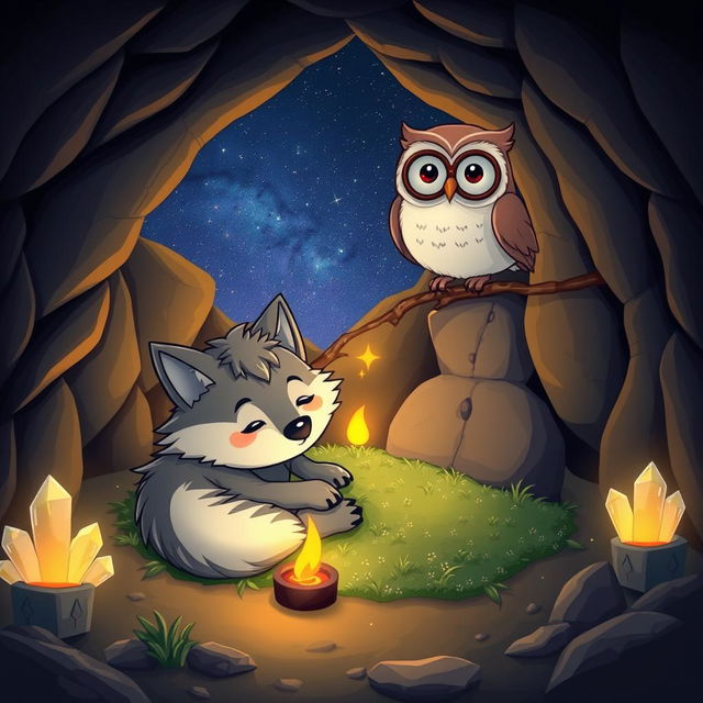 A whimsical cartoon scene featuring a playful wolf and a wise owl spending the night together in a cozy cave