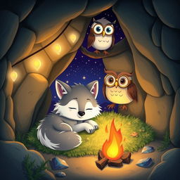 A whimsical cartoon scene featuring a playful wolf and a wise owl spending the night together in a cozy cave