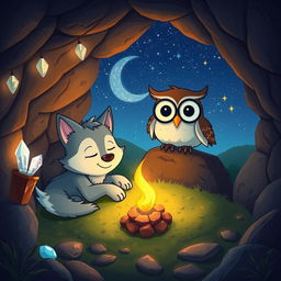 A whimsical cartoon scene featuring a playful wolf and a wise owl spending the night together in a cozy cave