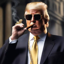 Create a photorealistic and edgy image of Donald Trump smoking a cigar, wearing a gold chain and sunglasses