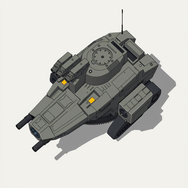 A clean and detailed top-down 2D illustration of a military futuristic laser turret, designed with robust armored plating, advanced sensors, and a compact turret body