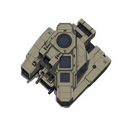 A clean and detailed top-down 2D illustration of a military futuristic laser turret, designed with robust armored plating, advanced sensors, and a compact turret body
