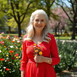 An elderly woman wearing a vibrant red dress, exuding grace and style