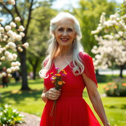 An elderly woman wearing a vibrant red dress, exuding grace and style