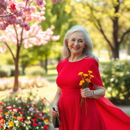 An elderly woman wearing a vibrant red dress, exuding grace and style
