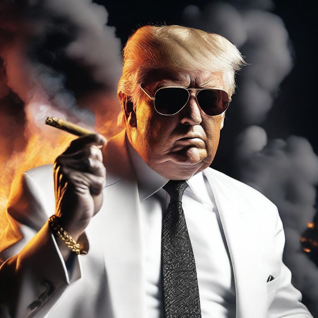 Create a photorealistic and edgy image of Donald Trump smoking a cigar, wearing a gold chain and sunglasses