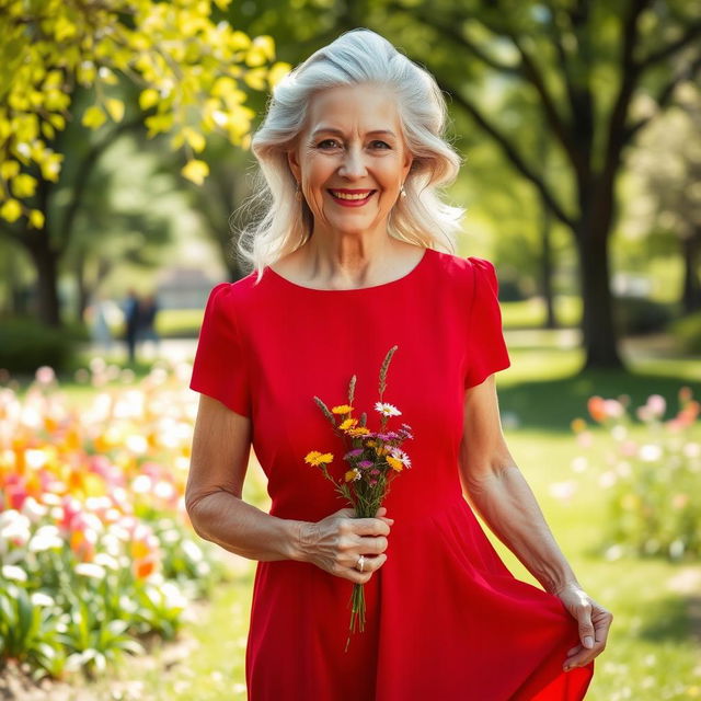 An elderly woman wearing a vibrant red dress, exuding grace and style