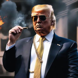 Create a photorealistic and edgy image of Donald Trump smoking a cigar, wearing a gold chain and sunglasses