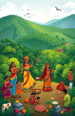 A vibrant illustration showcasing the rich cultural heritage of the tribes of Madhya Pradesh, India