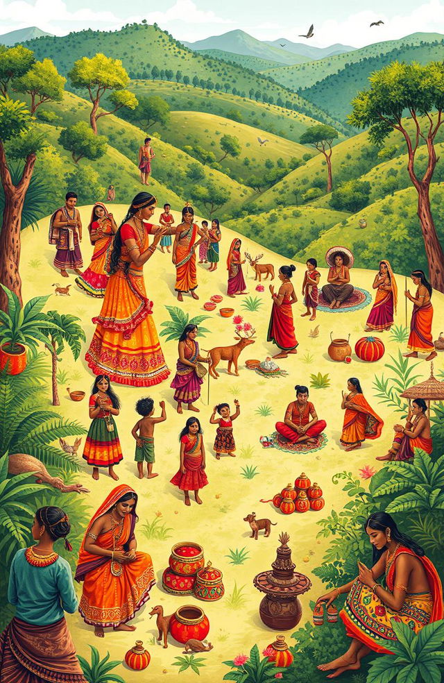 A vibrant illustration showcasing the rich cultural heritage of the tribes of Madhya Pradesh, India