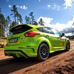 A stunning Ford Focus Rally car in a bright lime green color, showcasing its aerodynamic design and sleek lines