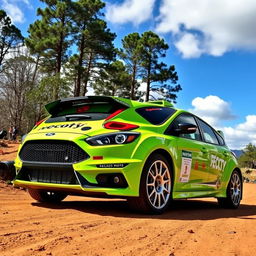 A stunning Ford Focus Rally car in a bright lime green color, showcasing its aerodynamic design and sleek lines