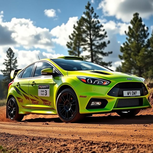 A stunning Ford Focus Rally car in a bright lime green color, showcasing its aerodynamic design and sleek lines