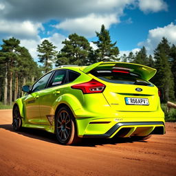 A stunning Ford Focus Rally car in a bright lime green color, showcasing its aerodynamic design and sleek lines