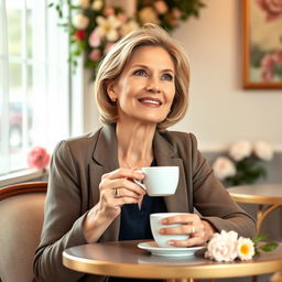 A thoughtful woman in her late 30s, embodying grace and wisdom, seated at a charming cafe table adorned with flowers and soft lighting