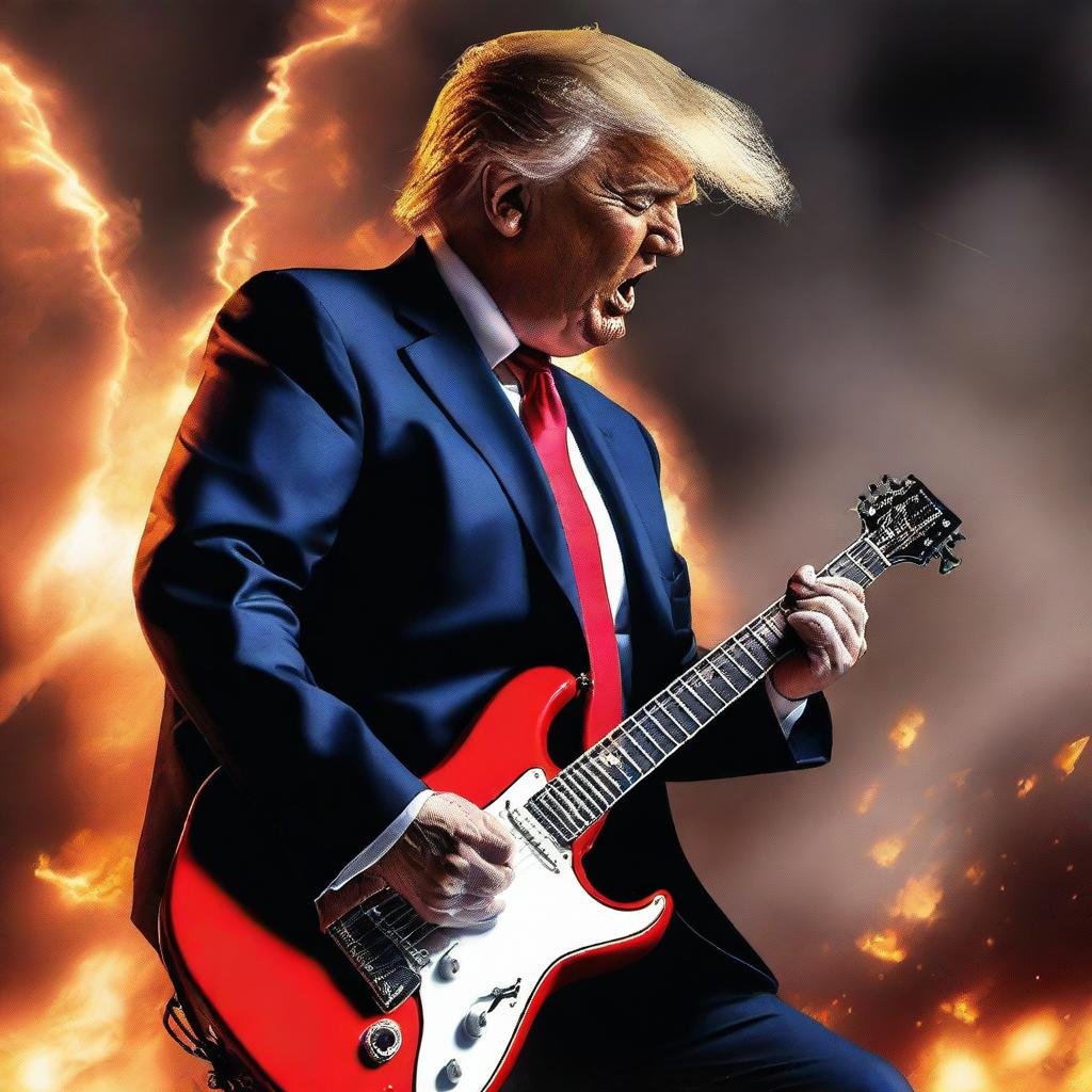 A photorealistic depiction of Donald Trump playing an electric guitar with an energy suggesting ultimate coolness