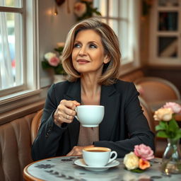 A thoughtful woman in her late 30s, embodying grace and wisdom, seated at a charming cafe table adorned with flowers and soft lighting