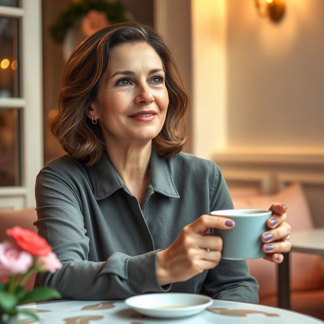 A thoughtful woman in her late 30s, embodying grace and wisdom, seated at a charming cafe table adorned with flowers and soft lighting