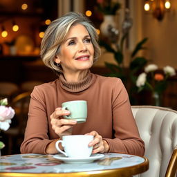 A thoughtful woman in her late 30s, embodying grace and wisdom, seated at a charming cafe table adorned with flowers and soft lighting