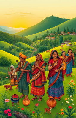A vibrant, detailed illustration depicting the diverse tribes of Madhya Pradesh, India