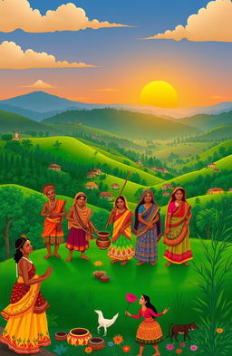 A vibrant, detailed illustration depicting the diverse tribes of Madhya Pradesh, India