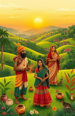 A vibrant, detailed illustration depicting the diverse tribes of Madhya Pradesh, India