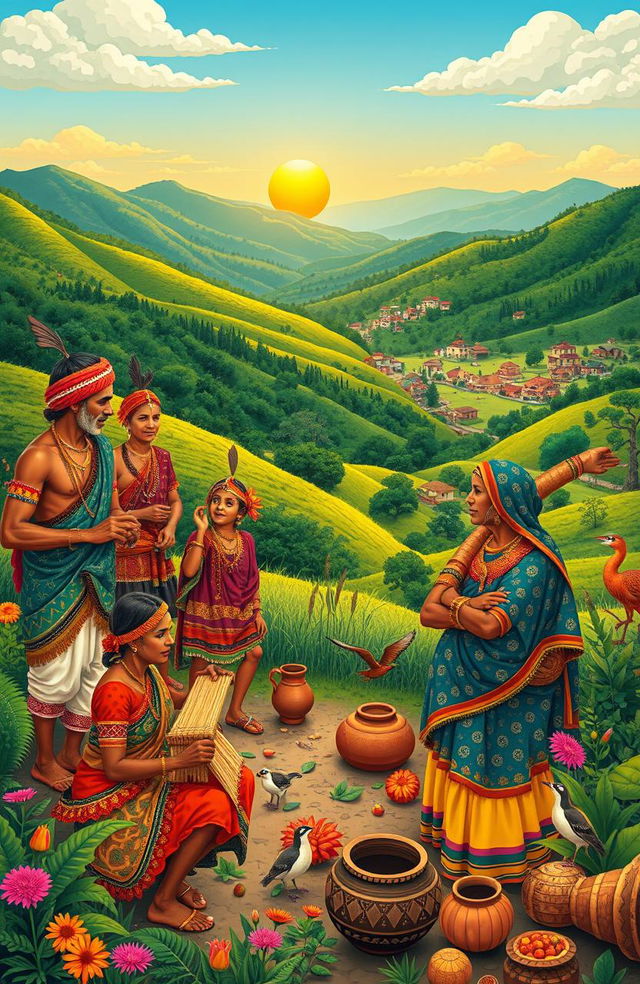 A vibrant, detailed illustration depicting the diverse tribes of Madhya Pradesh, India