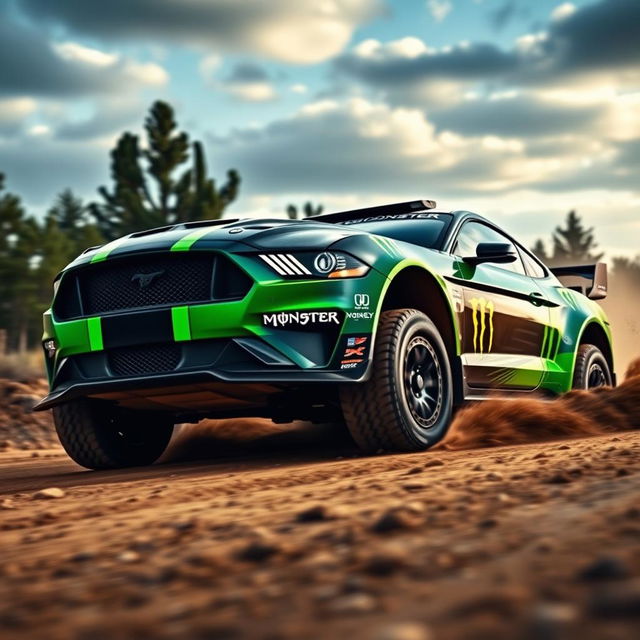 A powerful Rally Mustang customized by Monster Energy, featuring the iconic bright green and black color scheme with bold Monster logos all over the vehicle