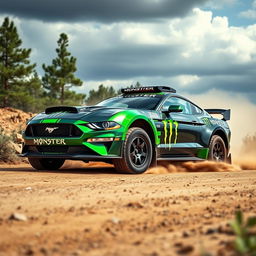 A powerful Rally Mustang customized by Monster Energy, featuring the iconic bright green and black color scheme with bold Monster logos all over the vehicle